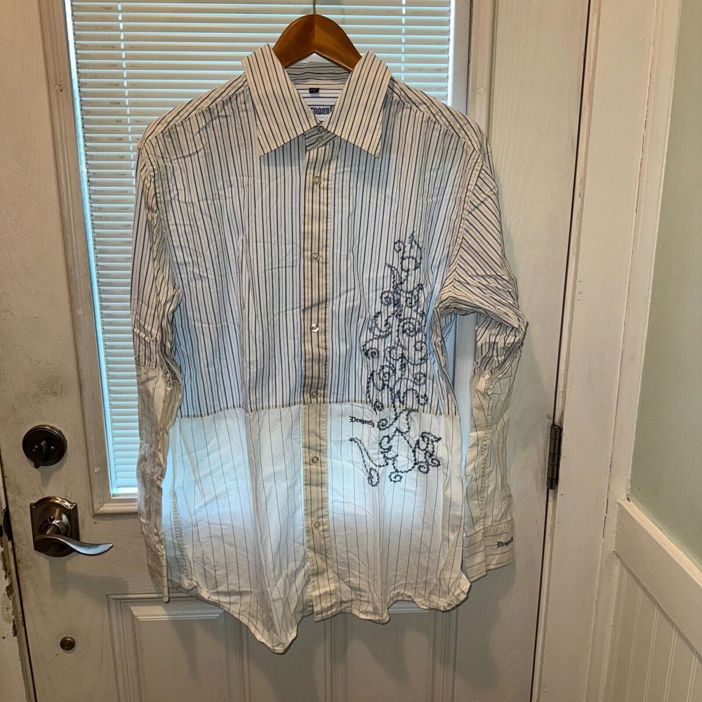 Dragonfly Shirt Mens XXL White Blue‎ Striped Embroidered 100% Cotton